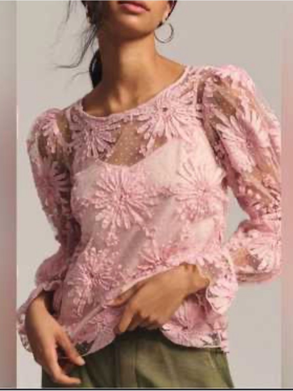 Eva Franco Anthropologie Delicate Pink Lace Floral Long-Sleeve Top.